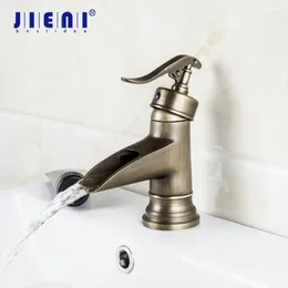 Bathroom Sink Faucets JIENI Tall Waterfall Basin Faucet Deck Mounted 1 Handle Antique Brass Mixer Tap Art Design Control