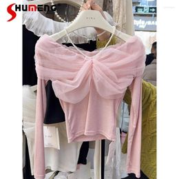 Women's Blouses Sweet Long-Sleeved Beaded Pink Shirt 2024 Spring Bow Mesh Stitching Off-Shoulder Halter Top Short Bottoming Shirts