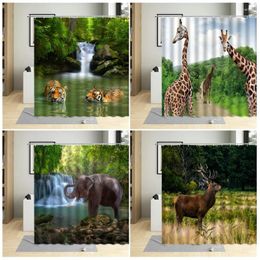 Shower Curtains Wild Animal Curtain Tiger Elephant Elk Giraffe Spring Natural Scenery Pattern Bathroom Decor Polyester Cloth Set