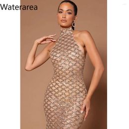 Casual Dresses Waterarea Women Sequined Plaid Halter Neck Sleeveless Backless Bodycon Midi Maxi Dress 2024 Sexy Club Even Party