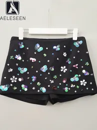 Women's Shorts AELESEEN High Quality Summer Black Women Design Fashion Flower Embroidery Sequined Crystal Diamonds Casual Holiday