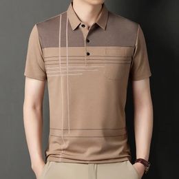 Shirt for Men Short Sleeve Summer Turndown Collar Striped Printing Pockets Button Polo Tee Fashion Comfort Casual Vintage Tops 240328