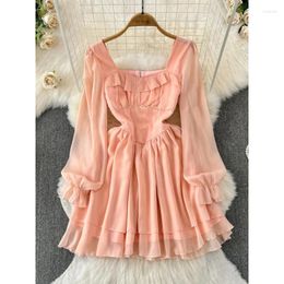 Casual Dresses French Style Princess Dress Spring Summer Pink Short Beading Square Collar Ruffles Petal Sleeve A-Line Elegant