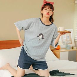 Home Clothing Cute O-neck Cotton 2pcs Women Print Carton Pajamas Suit Loose Short Sleeve Sleep Set Causal Sleepwear Homewear Lounge