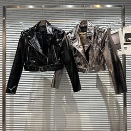 Girls leather jacket 2024 autumn new internet famous PU leather motorcycle jacket with glossy patent leather short jacket trend 230324