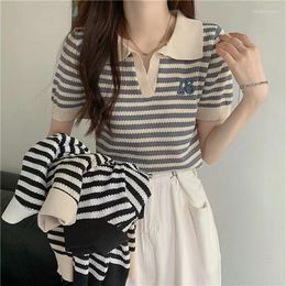 Women's Polos Short Sleeve Striped Polo Shirts Summer T-shirt Hollow Out Contrast Colours Patchwork Korean Fashion Casual Versatile Tops