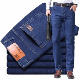 men Denim Jeans Regular Fit Straight Stretch Busin Casual Solid Color High Quality Plus Size Male Pants All Seas W8ip#