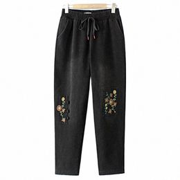 plus Size Jeans Women's Clothing Winter Fleece Lined Warm Floral Embroidered Patch Wed High Waist Stretch Denim Harem Pants t79A#