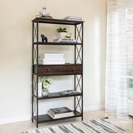 Hooks DecorTech 5 Shelf Bookcase With USB AC Power Outlets And Drawer Walnut