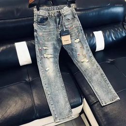 Men's Jeans Trousers Painted Man Cowboy Pants Torn Skinny Tight Pipe Slim Fit Ripped Broken With Holes Harajuku Loose Denim Xs