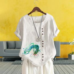 Women's T Shirts Summer Women Linen Blouse Beautiful Printed Loose T-shirt Breathable Round Neck Solid Short Sleeve Top XS-5XL
