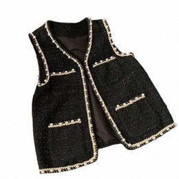 chic Pearl Buckle Waistcoat Women Wool Blend Sleevel Jacket Korean Chaleco Woollen Spring Fall Vintage Tweed Plaid Vest New i2dj#