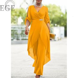 Plus Size 6XL7XL 2-Piece Set Chiffon V-Neck Top and Loose Pants Elegant Commuting Plus Size Women 2-Piece Set 240315