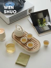 Teaware Sets WENSHUO CHIHIRO Kungfu Tea Set With Loop Handle&Infuser Warm Matte Cream Glaze Bamboo Serving Tray Birthday/Party Gifts