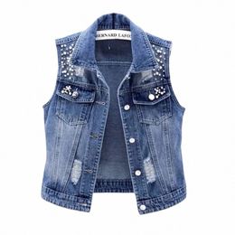 women Pearl Beading Waistcoat Sleevel Denim Outerwear Vests Summer Korean Slim Jeans Coat Female Jeans Jackets Slim Gielt V8Fk#