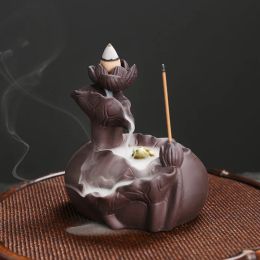 Burners Purple Clay Handicrafts Lotus Pond Frog Backflow Incense Burner Incense Stick Holder Ceramic Home Desktop Ornament