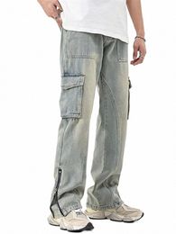 mud Yellow Jeans for Men Y2K Solid Colour Overalls with Butts Multi-pocket Zipper To Make Old Pants Loose A148 C5Yl#