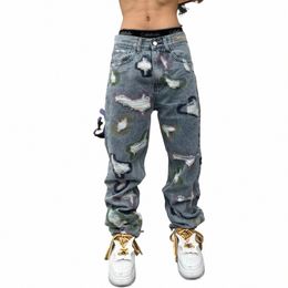 blue Hip-hop Multicolour Damaged Torn Jeans Mens Wed Scraped Destroyed Ripped Denim Trousers Baggy Distred Tapered Jean a7LA#