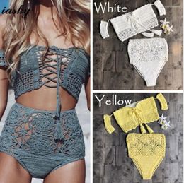 Women's Swimwear IASKY 2024 Crochet Off Shoulder Bikini Set Sexy Women Knitted Hollow Out High Waist Swimsuit Bathing Suit 7 Colours