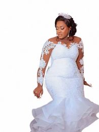 african Plus Size Mermaid Wedding Dr Appliques Sheer O-neck Lg Sleeve Lace Bridal Gowns Ruffles Nigeria Vestidos De Novia R8hV#