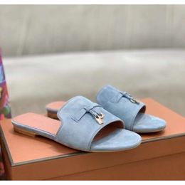 2023 Spring/Summer Womens New LP Candy Colour Lock Button Flat Bottom Fashion Casual Beach Slippers