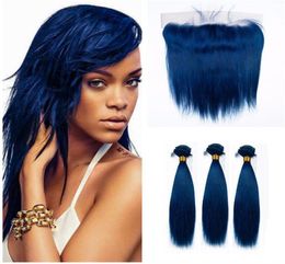 Dark Blue Straight Human Hair Bundles With Lace Frontal Closure 9a Blue Hair 3Bundles With Lace Frontal Malaysian Virgin Hair Weft6518549