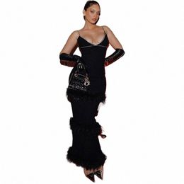 sexy V-Neck Spaghetti Strap Bandage Feather Diamd Evening Prom Dr 2023 Women Club Party Elegant Lg Dres 8766 b2kc#