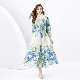 Ladies 2024 Spring/Summer - Vacation Style Stand Up Collar Single Breasted Printed Wide Swing Long Dress 974708