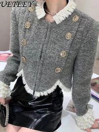 Women's Jackets Tweed Double-Breasted Lace Stitching Irregular Short Coat Spring Slim Slimming Female Woollen Long Sleeve Jacket