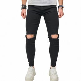 new Stylish Hip Hop Men Knee Ripped Skinny Pencil Jeans High street Male Holes Denim Pants For Men Trousers c8GM#