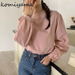 Women's Blouses Pleated Round Neck Shirts Long Sleeve Blusas Mujer Elegant Camisas Fashion Simple Ropa Spring Sweet All Match Tops