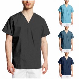 men Nursing Uniform Solid Colour Short Sleeve V-neck Tops Summer Oversized T-shirt For Male Care Worker Healthcare Clinic Clothes k9Tn#