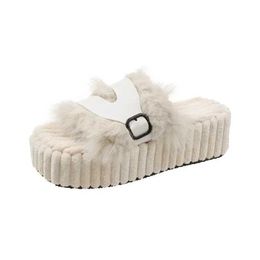 Slippers Winter Belt Buckle Thick Sole Plush Women Shoes Retro Casual Platform House Woman Grey Black Pantoufle Femme H240328DSBG