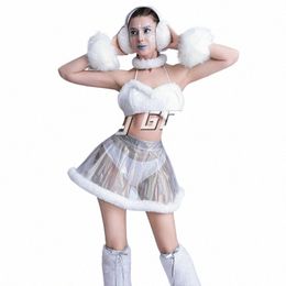 sexy Party Pole Dance Clothing White Fur Top Perspective Skirt Women Performance Gogo Dance Costumes Ds Dj Rave Outfit XS7492 Y8wO#