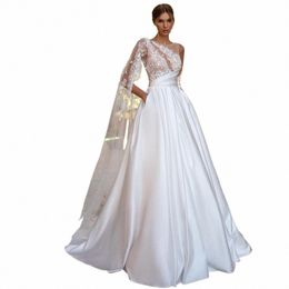 elegant A-Line Wedding Dres Women 2024 Open Back Lace O-Neck Satin Pleat Applique Bridal Gowns Sweep Train Vestidos De Noiva 53mi#