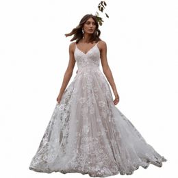 romantic Lace A-line Wedding Bride Dr With Slit Spaghetti Straps V-neck Wedding Gown Backl Bridal Gown Custom Plus Size r8ym#