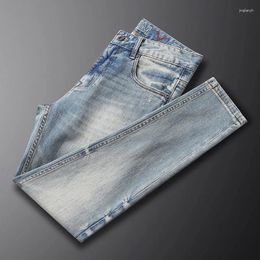 Men's Jeans Latest Retro Fashion High Quality Light Blue Elastic Slim Fit Split Designer Denim Pants Hombre