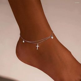 Anklets LENNIK 925 Sterling Silver Cross Shape Glossy Anklet Adjustable Heart Pentagram Pendant Summer Beach Fine Jewellery