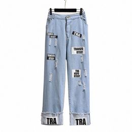 150kg Plus Size Women's Spring Shredded Lettering Loose Wide Leg Jeans Blue Hip 154cm 5XL 6XL 7XL 8XL 9XL U10K#