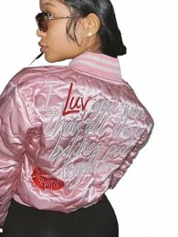 2024 Fall Winter Women Letters Embroidery Bomber Jacket Streetwear Cott Padded Varsity Jackets Quilted Coat Parkas Pink Tops S3Bm#