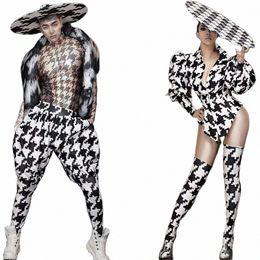 houndstooth Pant Suits Sets Women/Men Plaid Pattern Printing Persality Performance Costume Party Evening Costume Stage Wear z8Ot#
