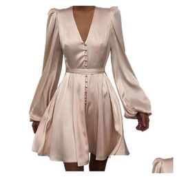 Basic Casual Dresses Elegant Satin Women V-Neck Puff Sleeve Party Robes Femme Plain Ruched Button Front Dress Ladies Outfits Drop Deli Dhfce