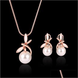 Earrings Necklace Pearl Set For Party Rose Gold Alloy Jewellery Fashion Trend Women Girls Lady Round Pendant Drop Delivery Sets Dhnq7