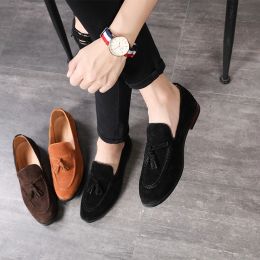 Shoes New Black Loafers for Men SlipOn Round Toe Flock Tassels Solid Brown Men Dress Shoes Size 3848