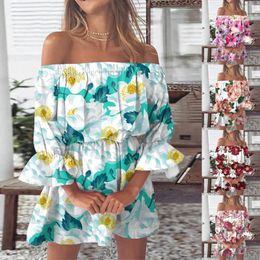 Casual Dresses Summer For Women 2024 Vintage Floral Print Off Shoulder Sundresses Bell Sleeve Mini Dress Female