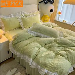 Bedding Sets WEPICK 3/4PCS Sheet Set Korean Style Small Puffs Double Lace Washed Cotton Student Dormitory Bed Linen Home Textile