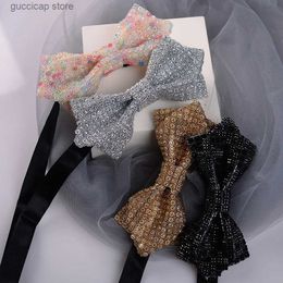 Bow Ties New Rhinestone Bow Ties for Men Pre-Tied Sequin Bowties with Adjustable Length Huge Variety Colors Wedding Bow tie For Groomsmen Y240329