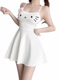 houzhou Kawaii White Dr Women Japanese Y2k Cat Face Embroidery Cute Spaghetti Strap Mini Dr Bow Patchwork Anime Sundr c8pR#