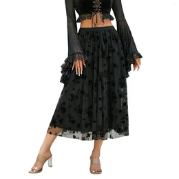 Skirts Black Caloter Womens Reversible Long Half Skirt High Waist Layered Tulle Floral Print Mesh A-Line Midi Dress