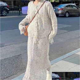 Work Dresses Autumn Winter Chic Knitted Two Piece Set Women Tassel Designer Elegant Midi Skirt Suit Female Korean Fashion Casual 2024 Othbl